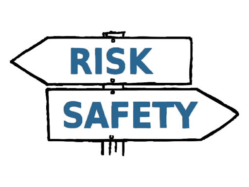 Illustration of sign pointing from risk to safety.