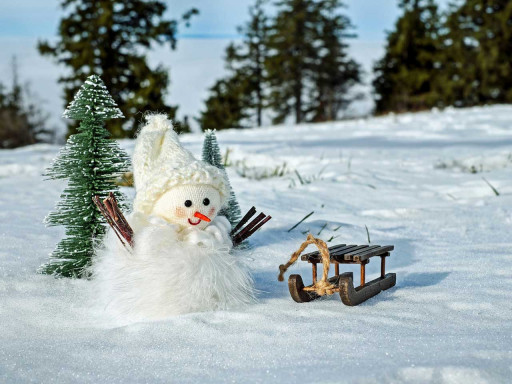 Happy snowman in a snowy field.