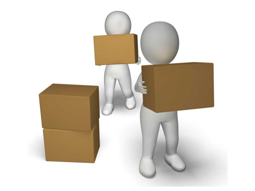 Two characters carrying and stacking boxes.